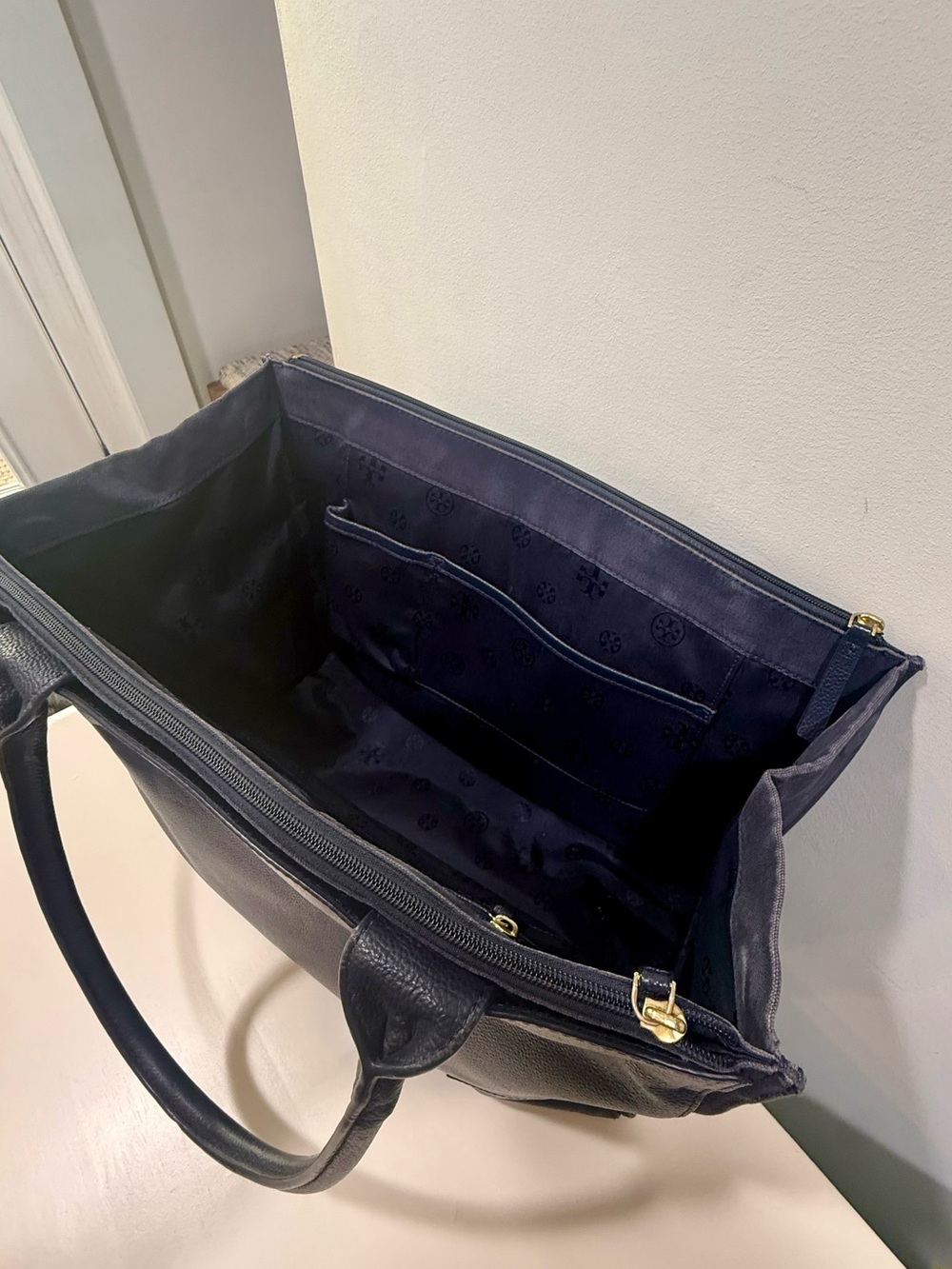 Tory Burch Ella Leather Canvas Large Tote Bag Navy Blue - Picture 10 of 16